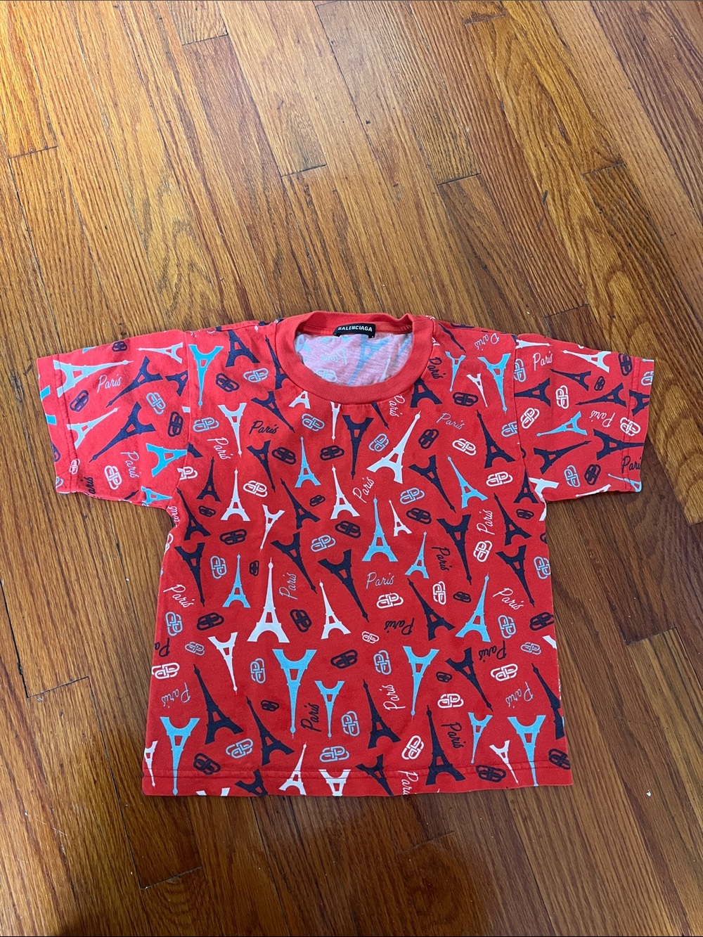 Balenciaga Red Eiffel Tower Print Kids Tee with Blue & White Accents